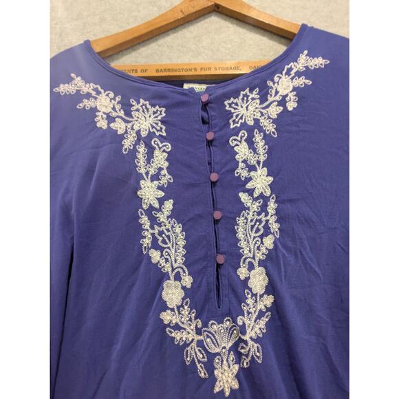 Susan Graver Top‎ Women Plus 1X Purple Liquid Knit Floral Embroider Tunic Blouse - Picture 5 of 8